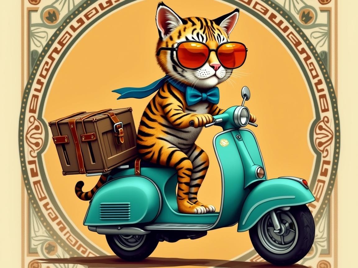 Orange and black striped cat on turquoise scooter