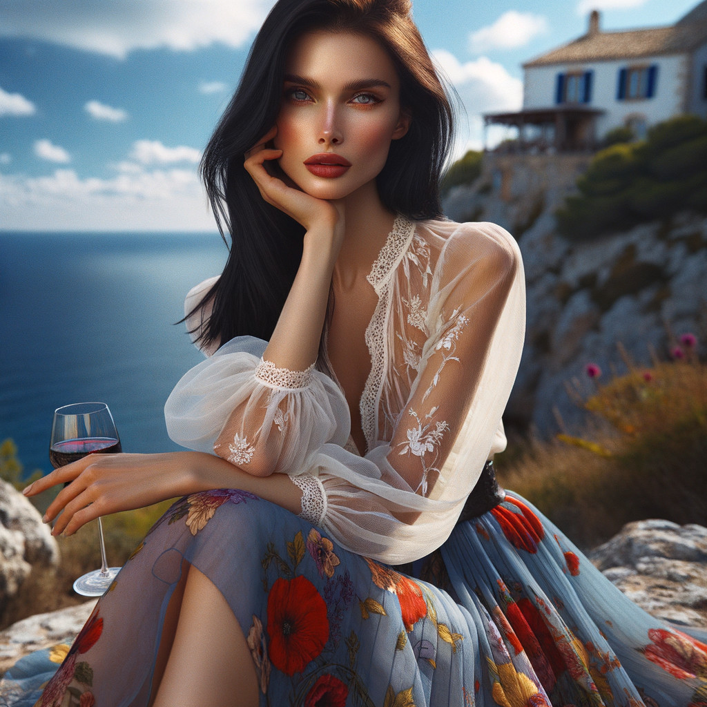 Woman in Sheer Blouse by Coastal View and Flowers