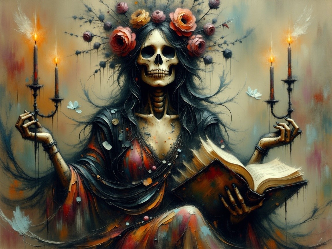 Skeleton Figure Adorned with Flowers and Candles