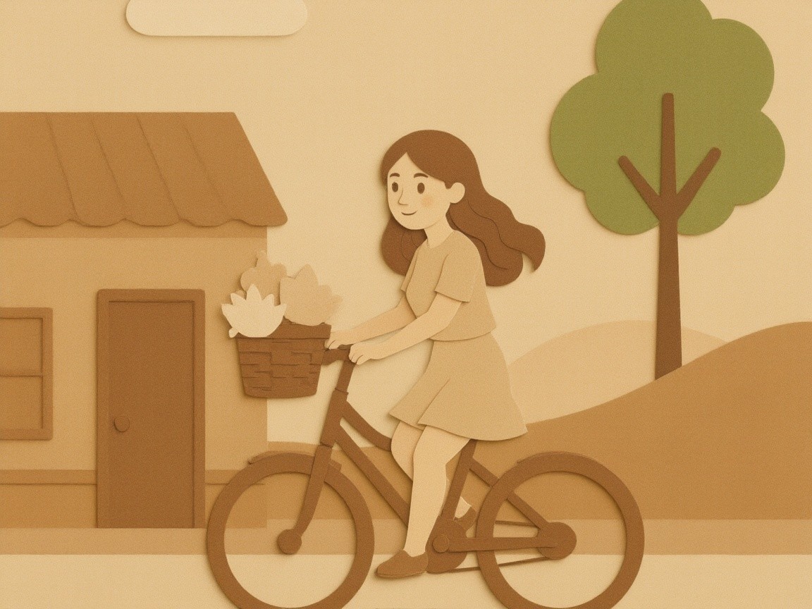 Stylized Paper-Cut Illustration of Girl on Bicycle