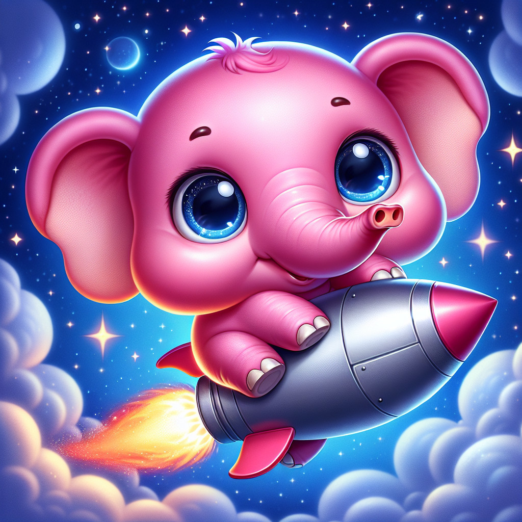 Cartoon Pink Elephant Riding Rocket in Starry Sky