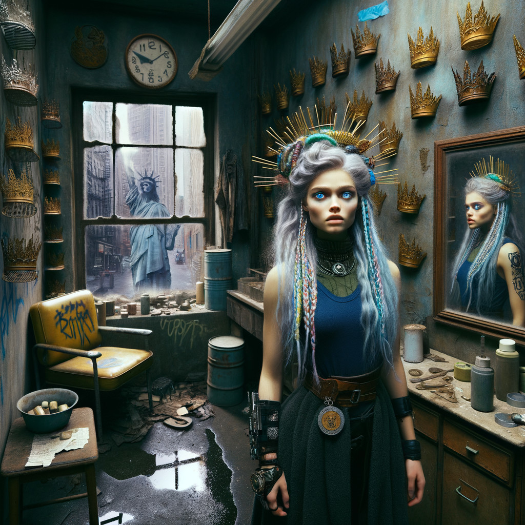 Young woman with blue and purple hair in urban room