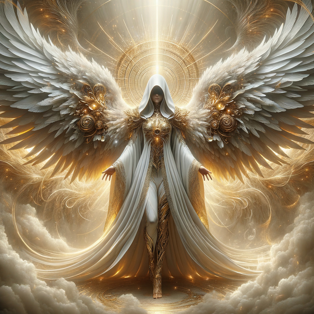 Majestic figure with wings in celestial setting