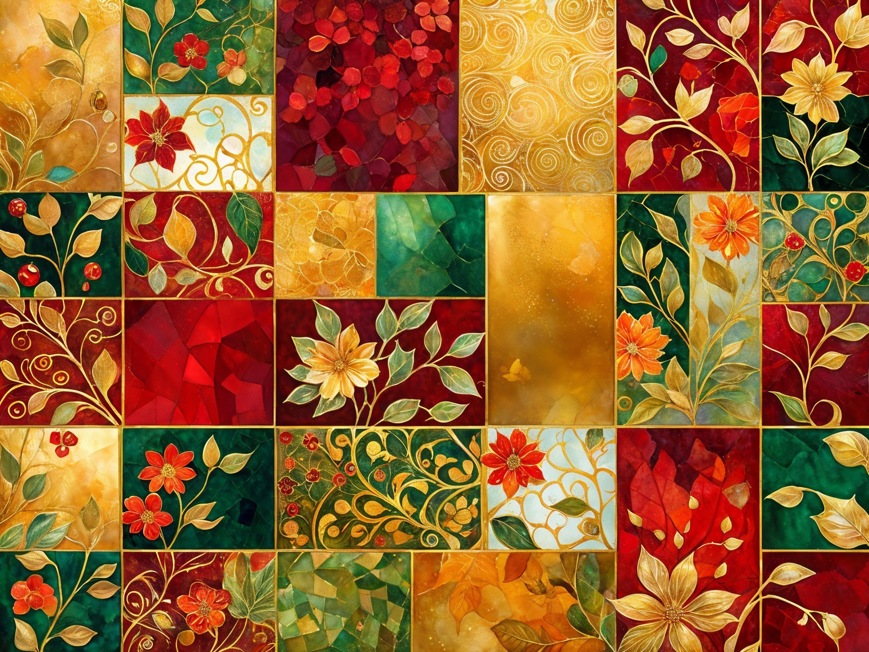 Vibrant Mosaic with Floral and Geometric Patterns