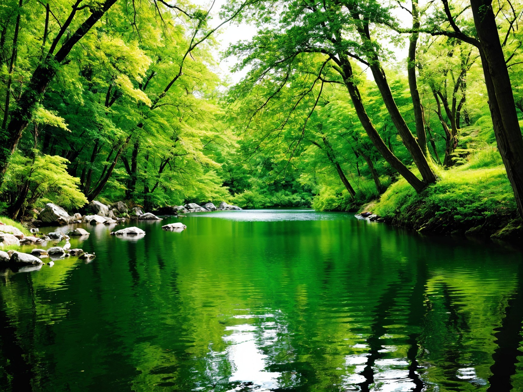 Serene River in Lush Green Landscape with Reflections