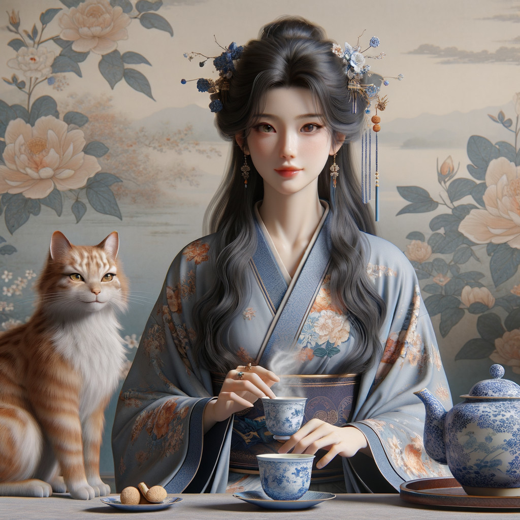 Young Woman in Blue Kimono with Cat and Tea Setup