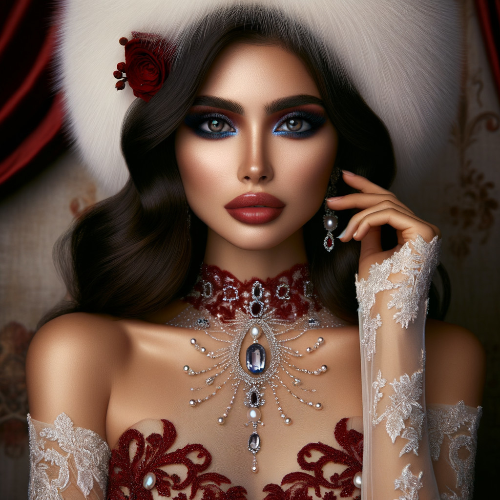 Elegant Woman in Luxurious Outfit with Bold Makeup