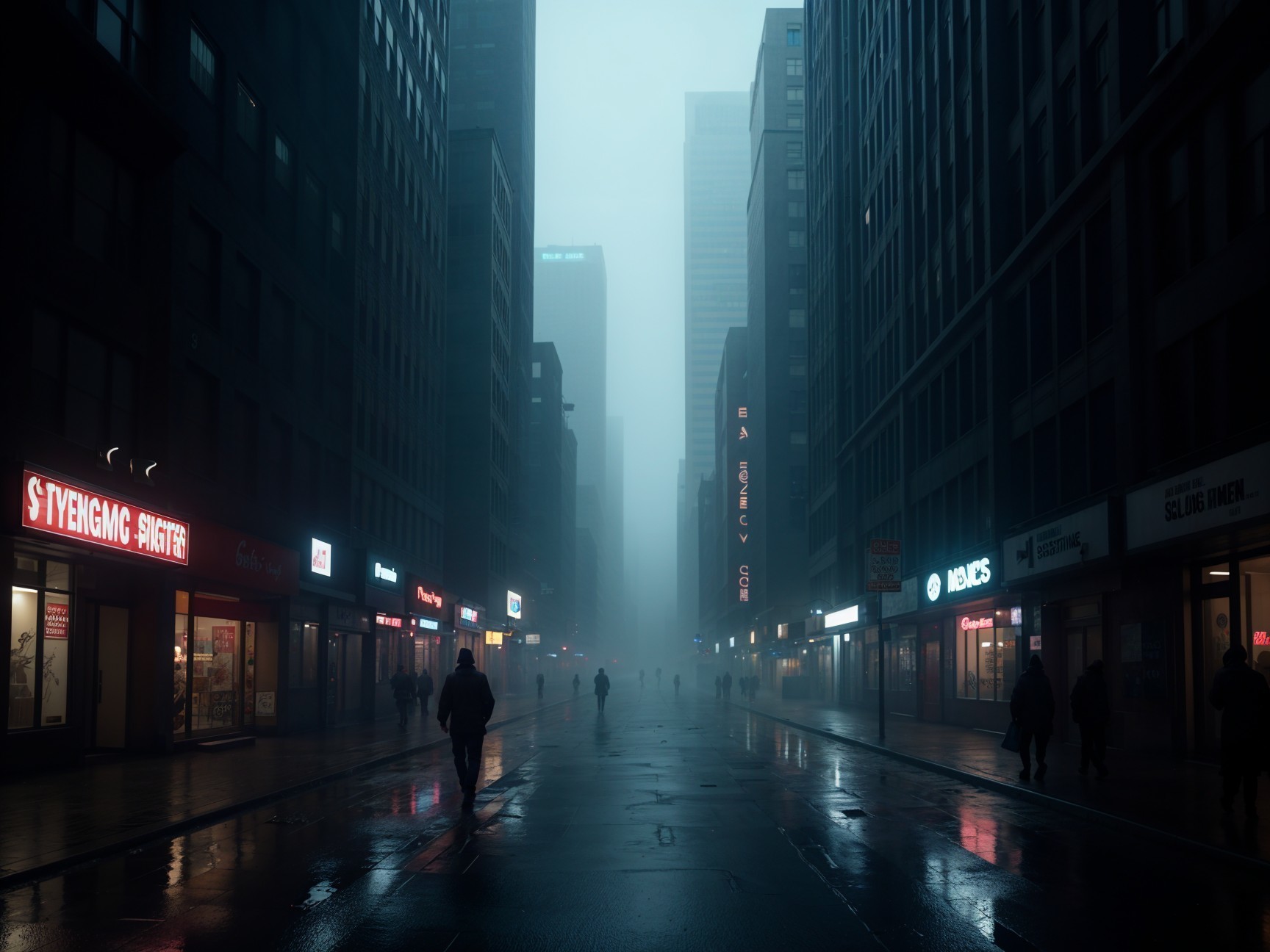 Misty Urban Street with Silhouetted Pedestrians
