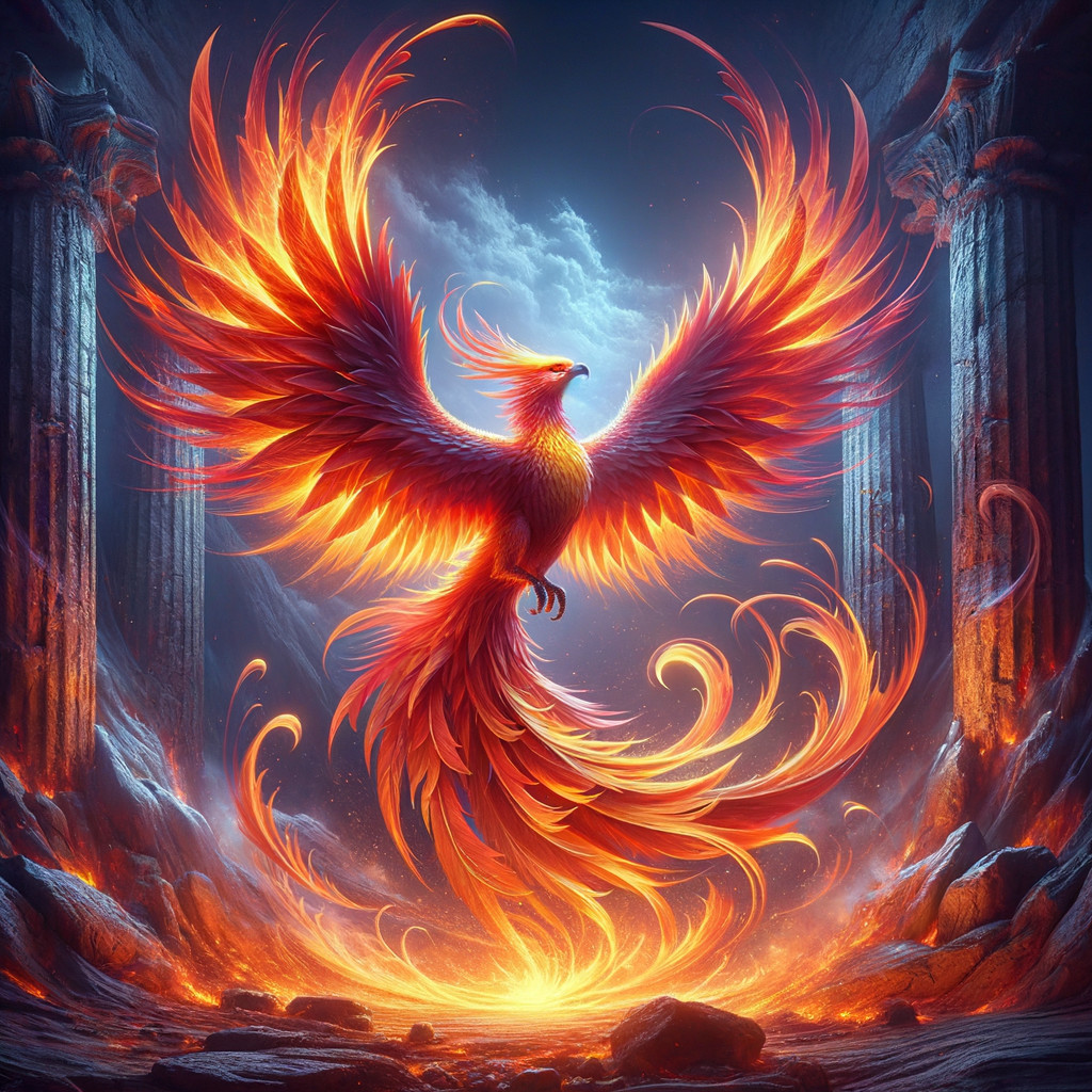Majestic phoenix rising with vibrant fiery feathers