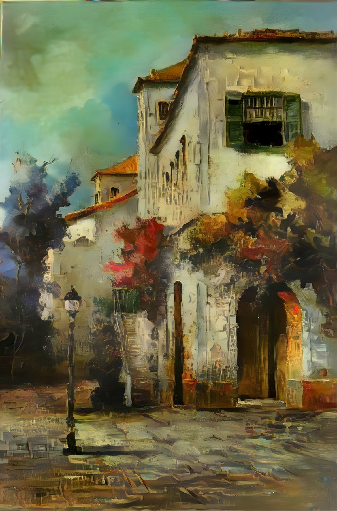Mediterranean Building with Whitewashed Walls and Green Shutters