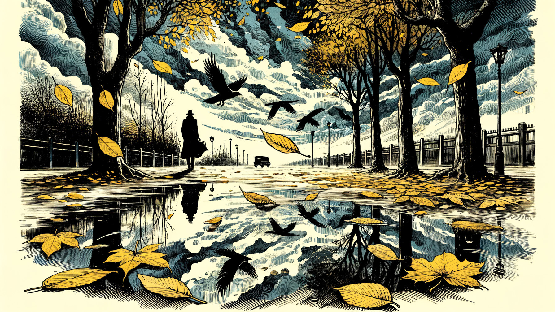 Lone Figure on Tree-Lined Path in Autumn Landscape