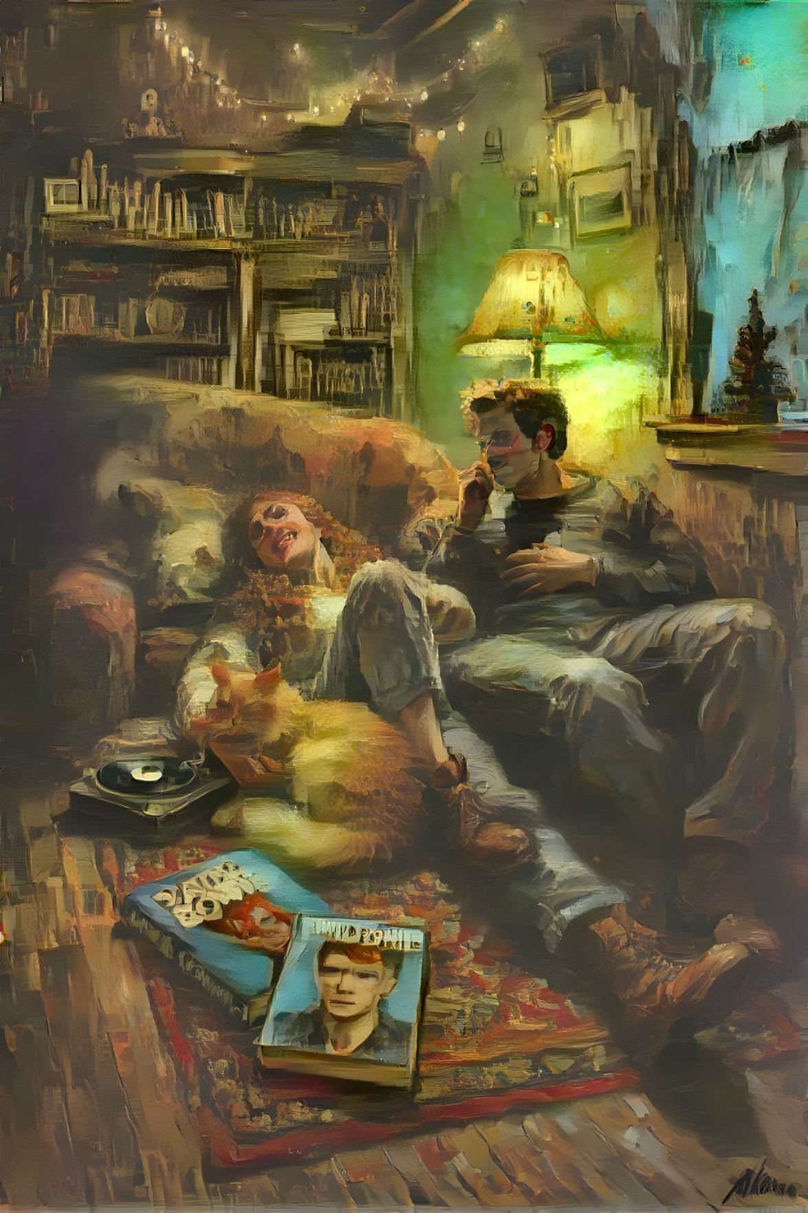 Cozy Living Room with Couple, Cat, and Bookshelves