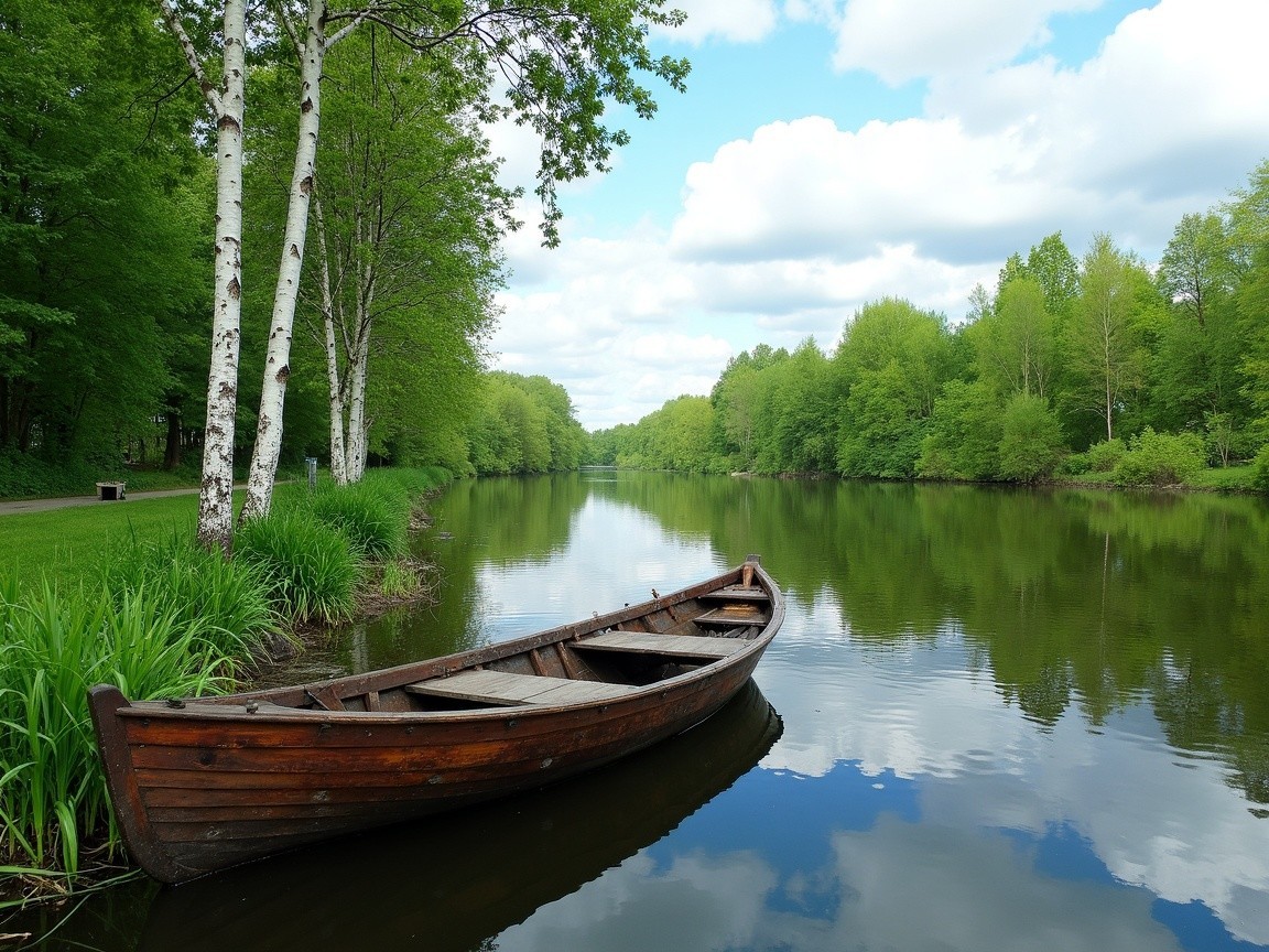 Serene River Scene with Boat and Lush Greenery