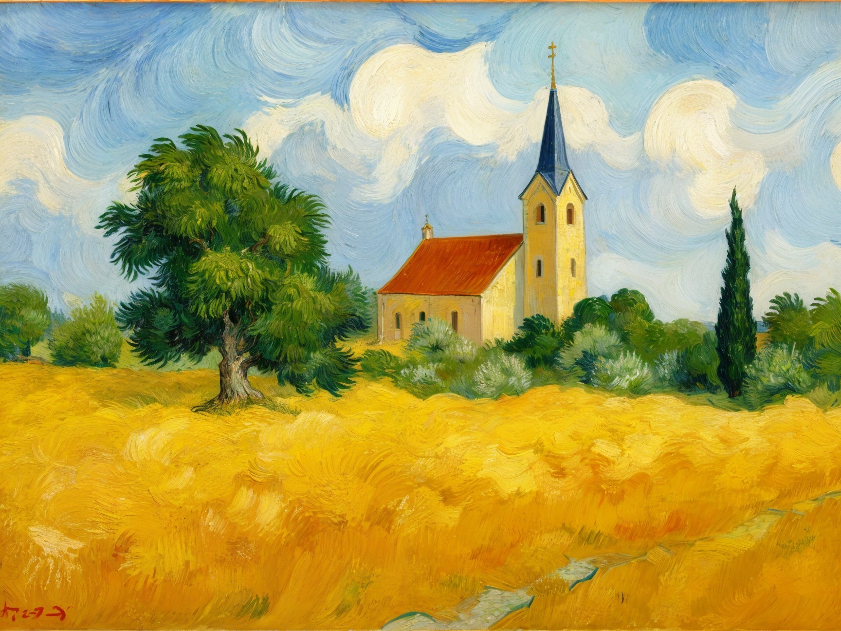 Serene Landscape with Wheat Field and Church Spire