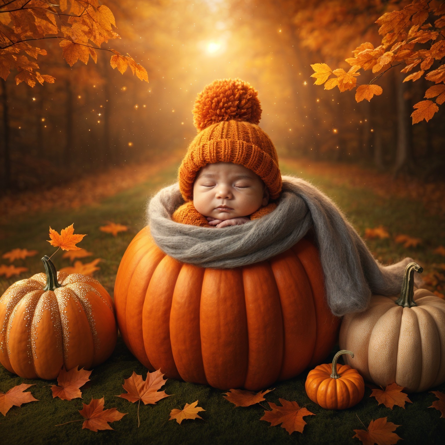Baby Sleeping in Pumpkin Surrounded by Autumn Leaves