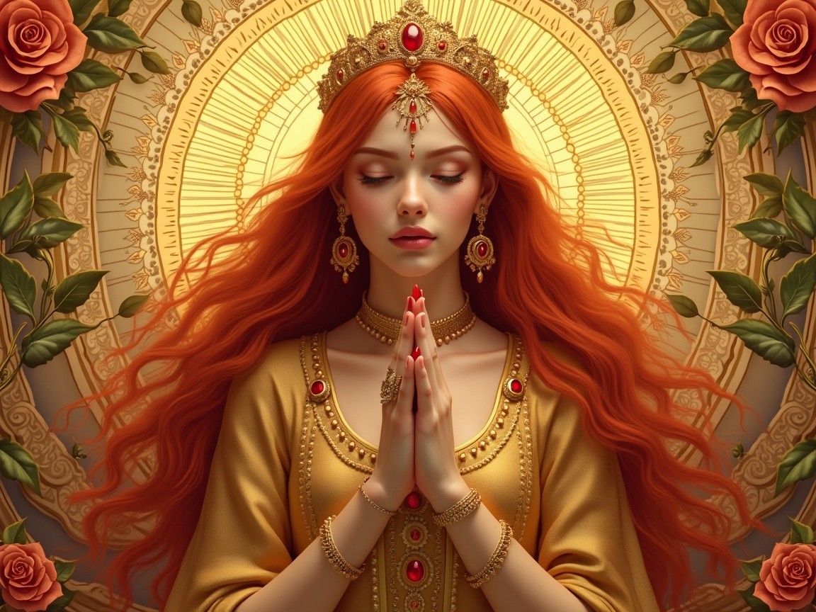 Serene Woman in Golden Gown Surrounded by Roses