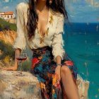 Woman in Colorful Skirt by Serene Coastal Water