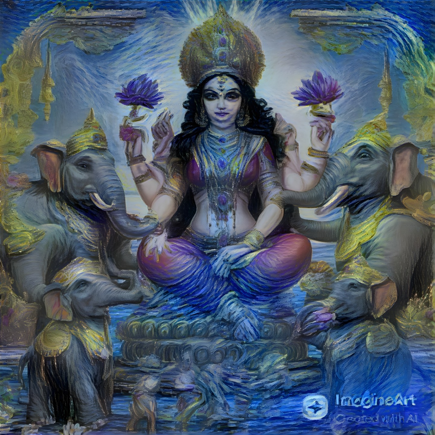 Serene goddess on lotus with elephants and glow