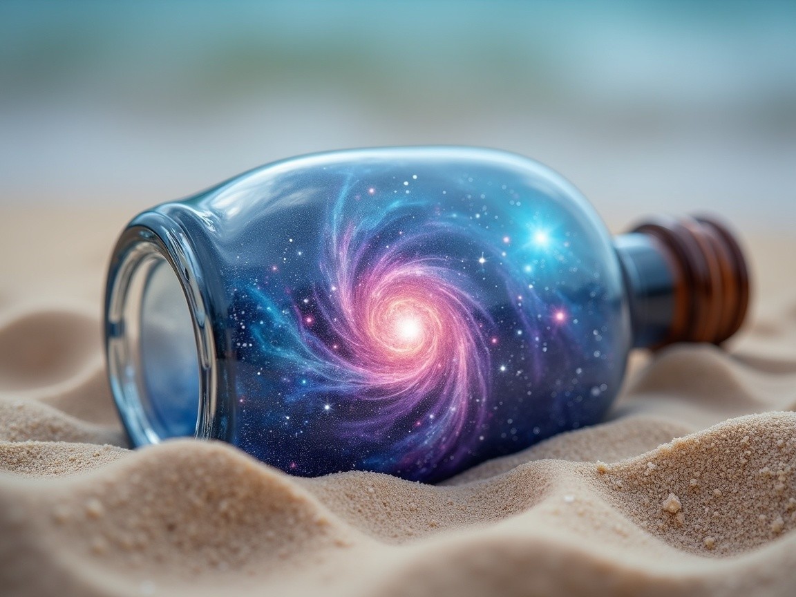 Glass Bottle with Cosmic Galaxy Design on Beach
