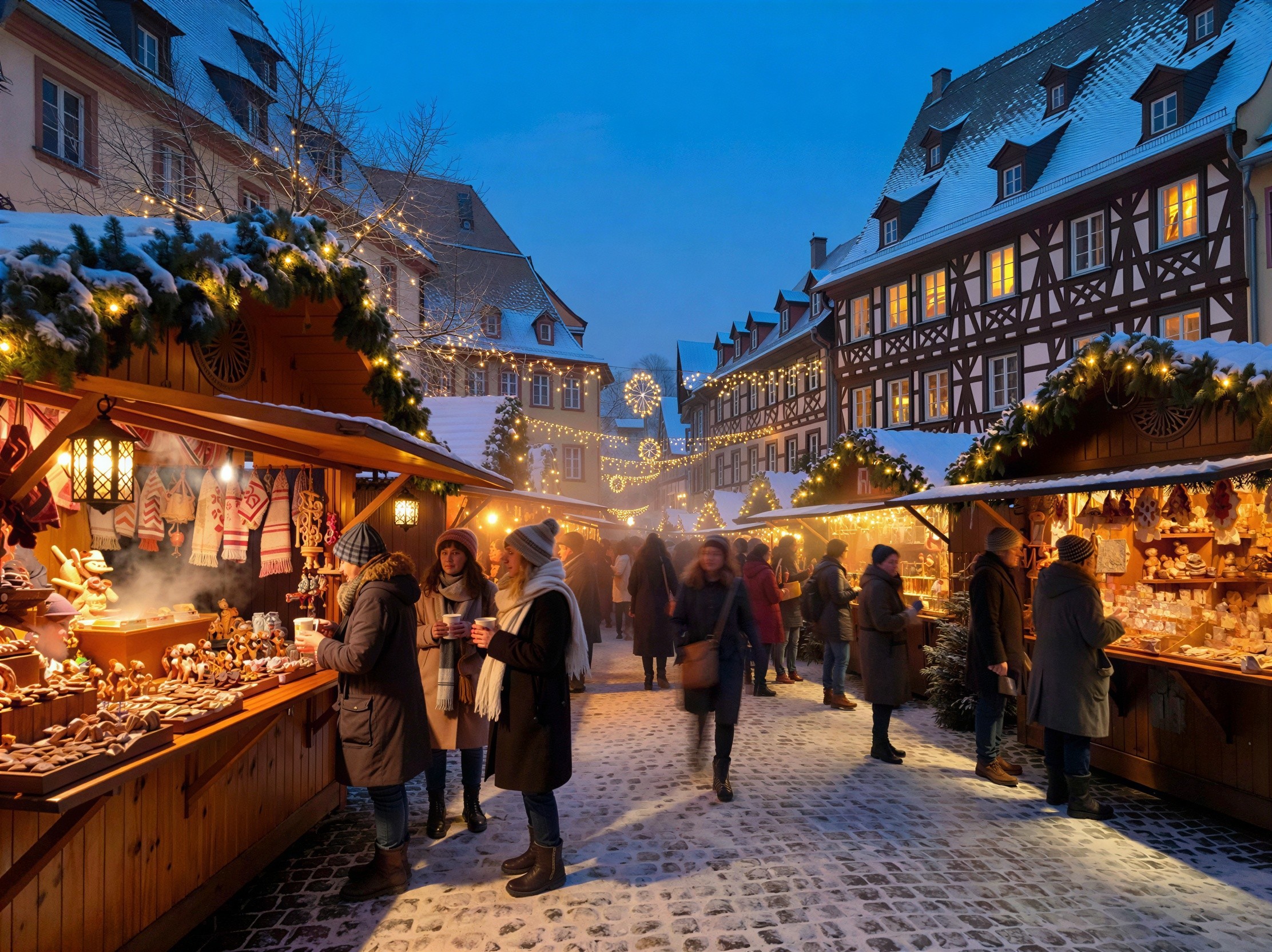 Busy European Christmas Market at Dusk with Snow
