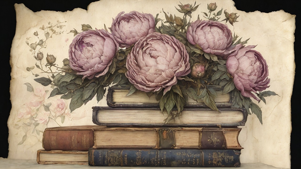 Purple Peonies on Vintage Books with Floral Motifs
