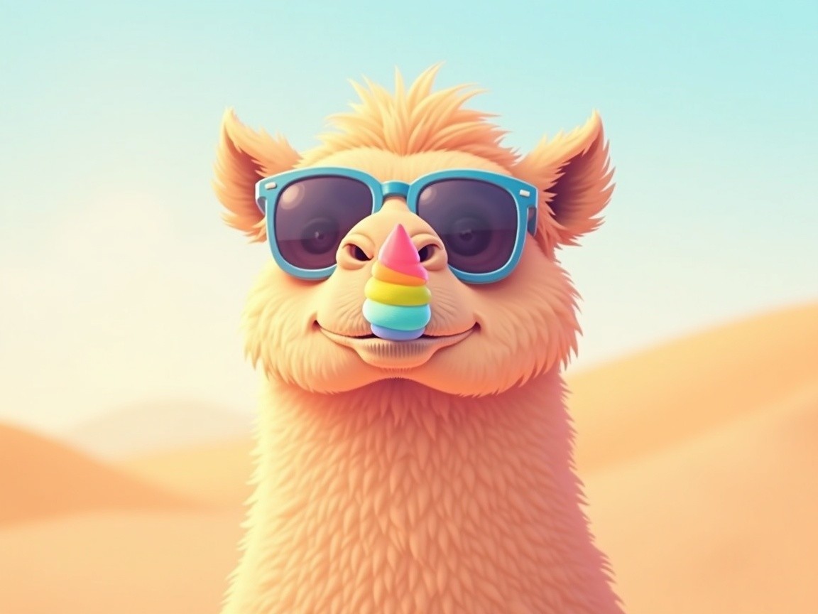 Whimsical Camel with Sunglasses in a Desert Scene