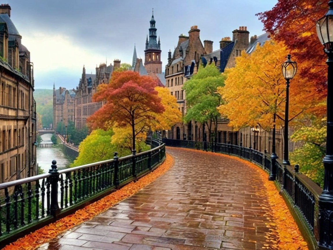 Autumn Walkway with Vibrant Trees and Cobblestone Path