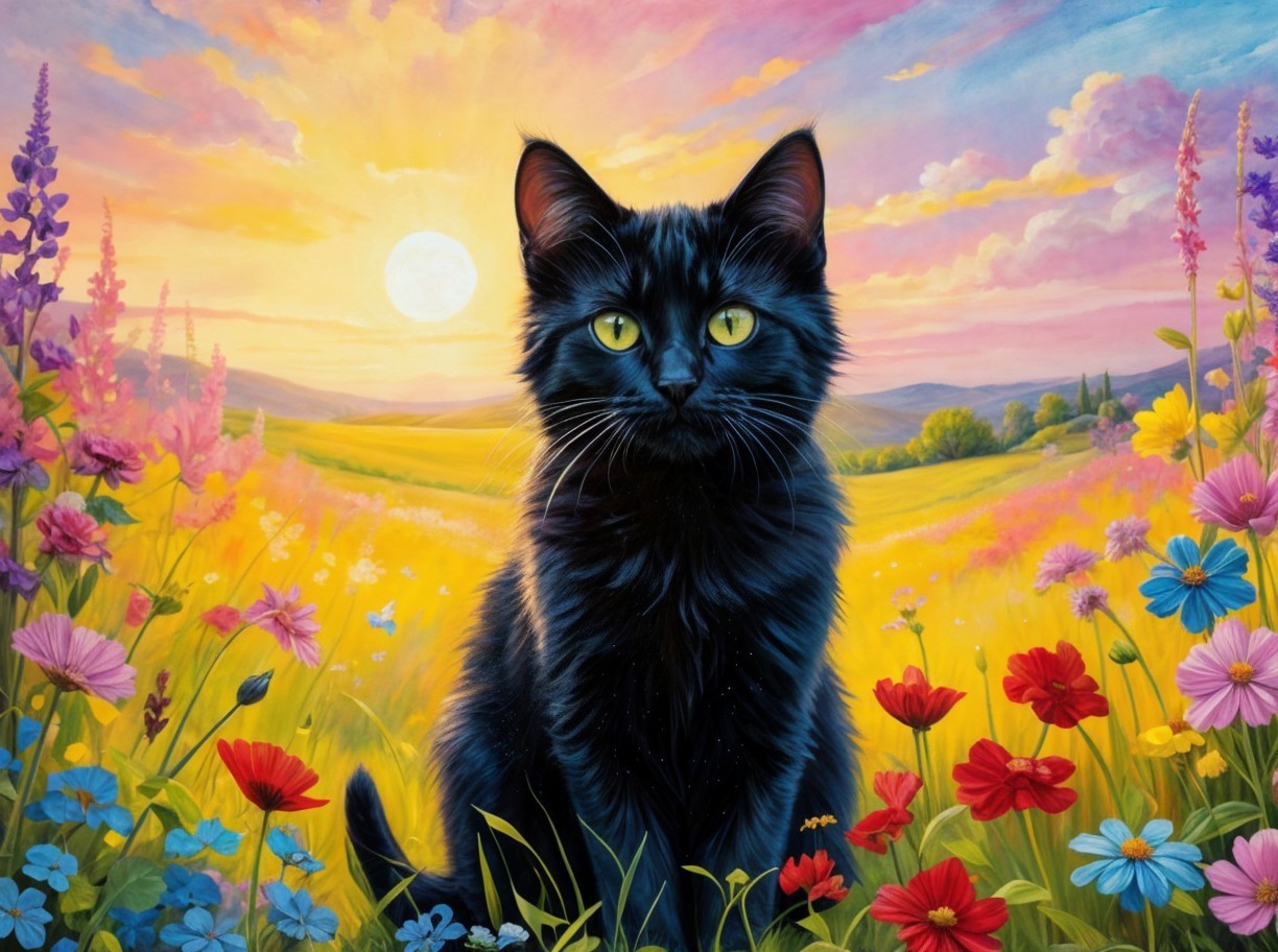 Black Cat in Colorful Wildflower Field Under Sunlight