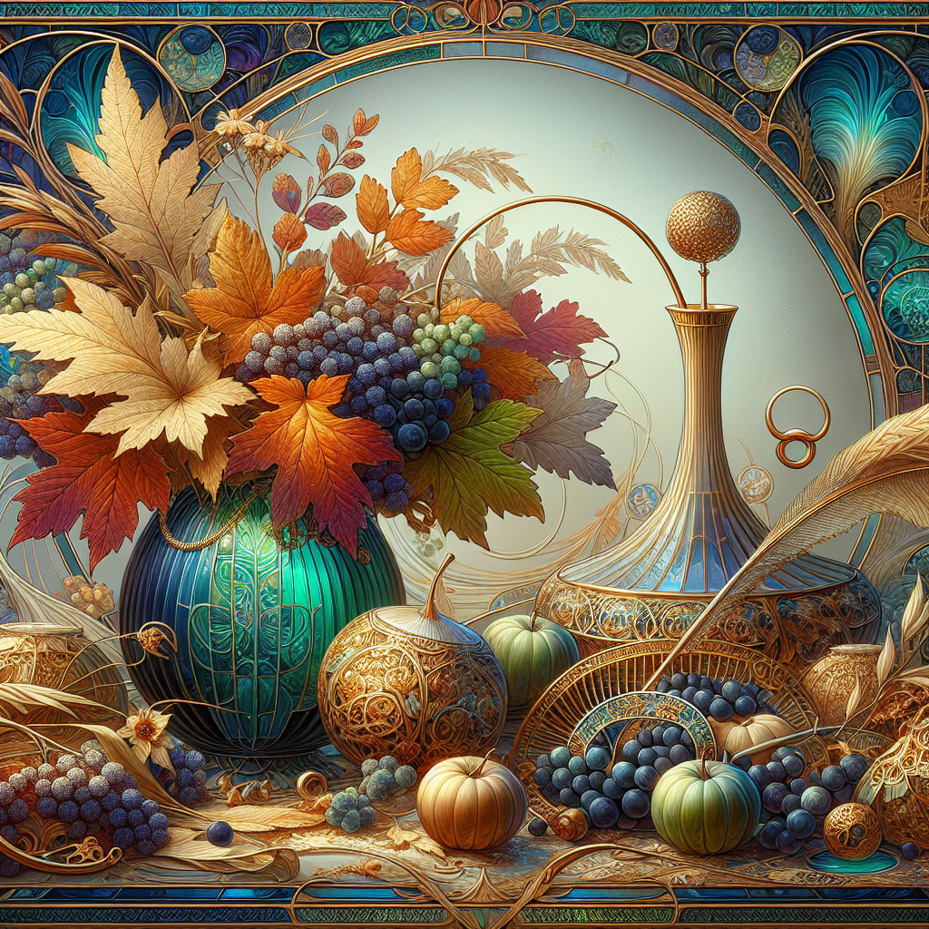 Autumn Still Life with Leaves, Grapes, and Decoratives