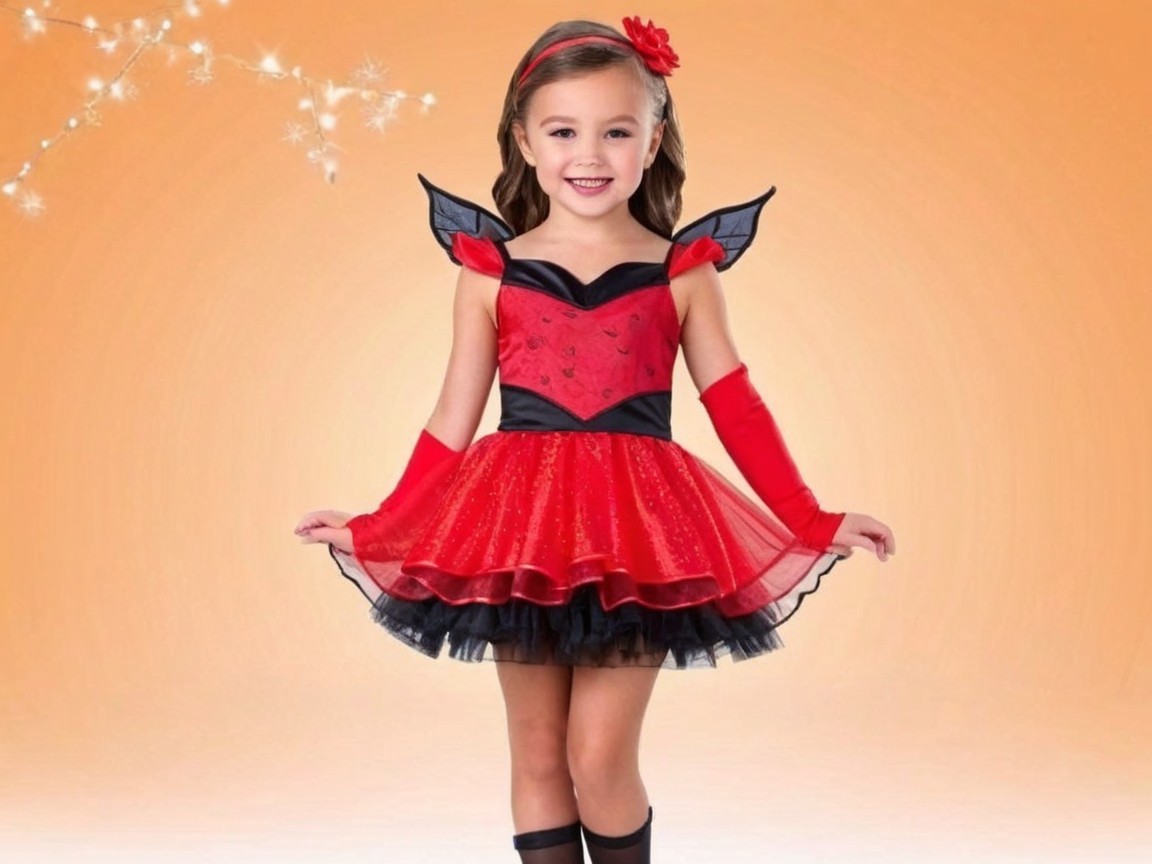 Young girl in vibrant red and black costume with wings