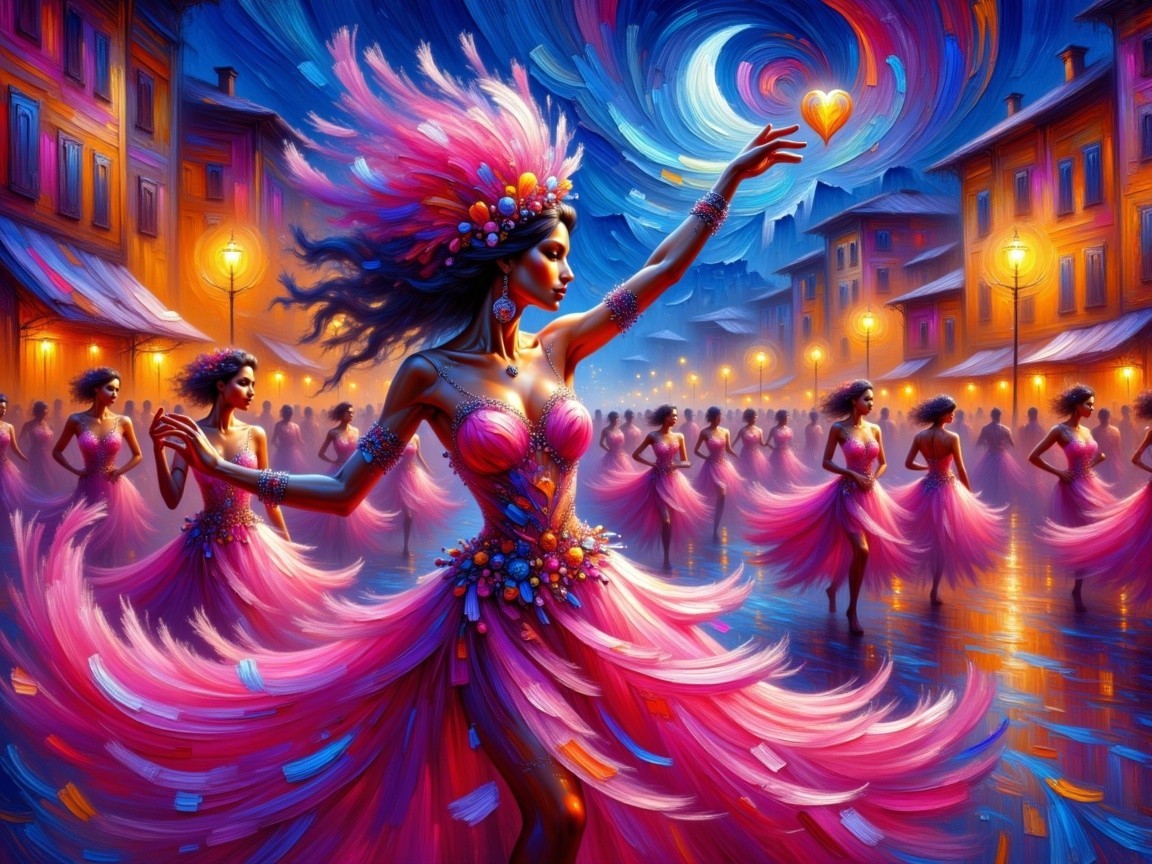 Colorful Dancers in Feathered Costumes at Night