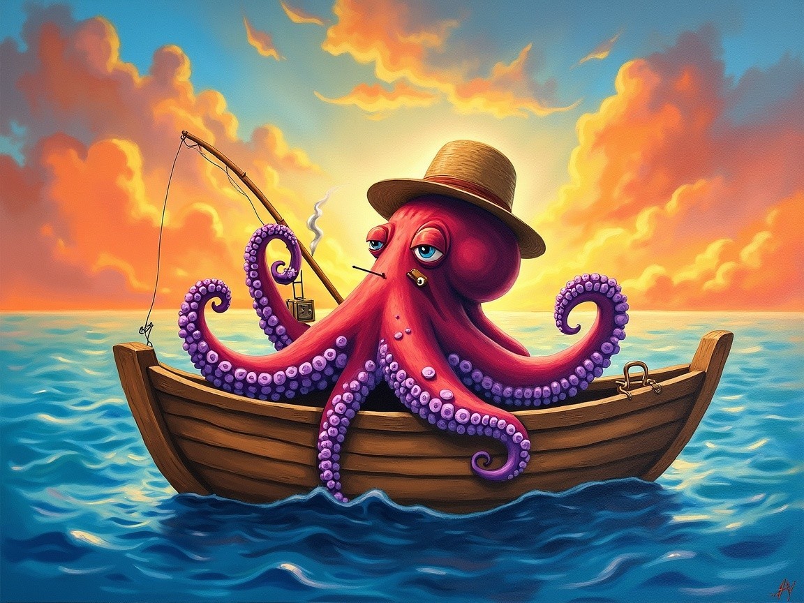 Whimsical Painting of Octopus in Sunset Boat Scene