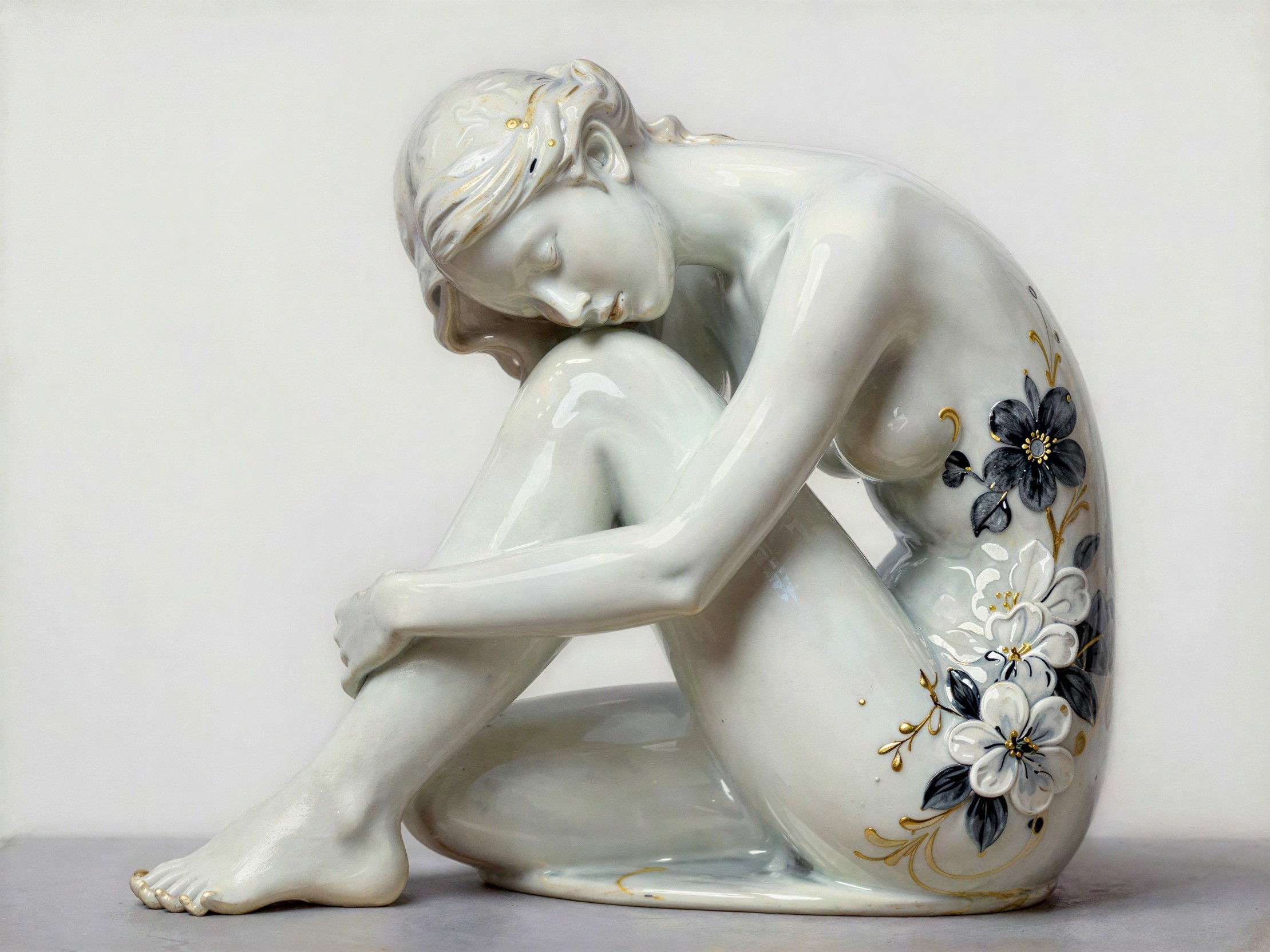 White Terracotta Sculpture of Reclining Woman with Blossoms