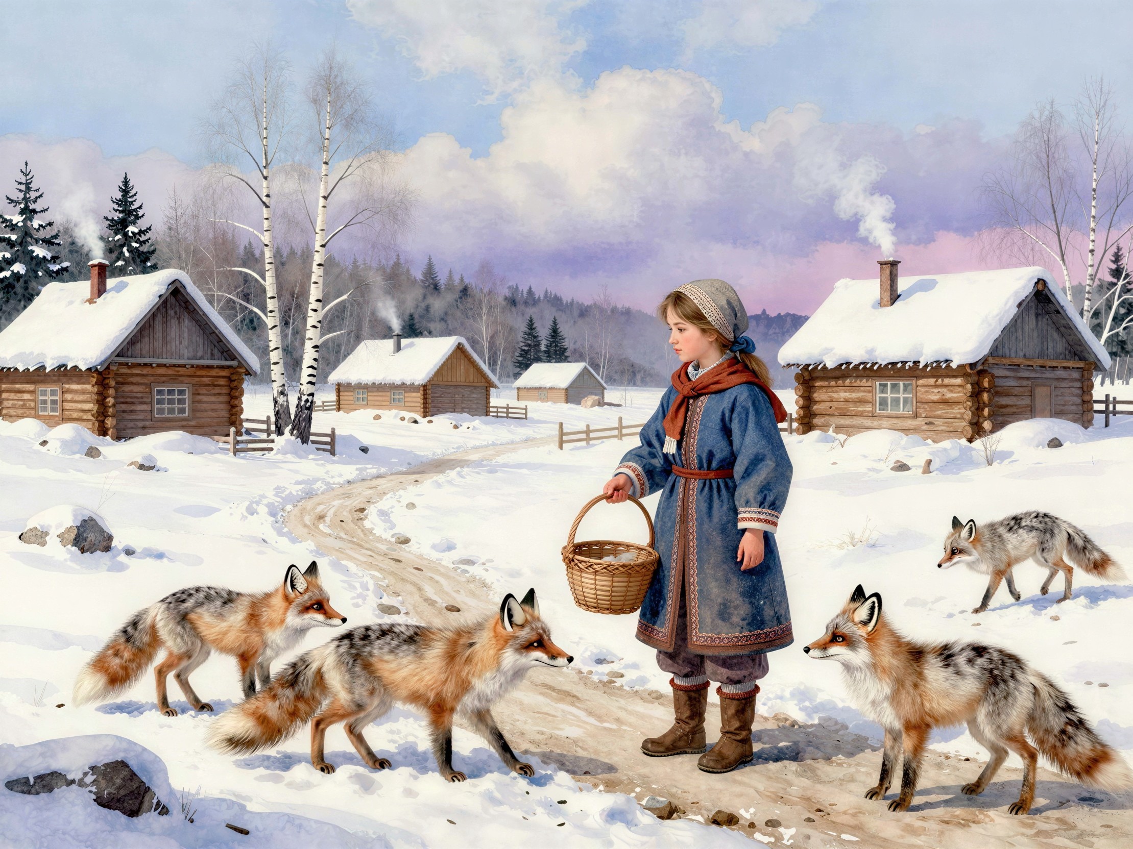 Young Girl in Traditional Dress with Foxes in Village
