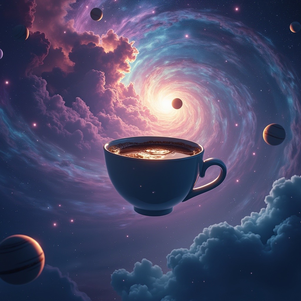 Floating Coffee Cup in a Cosmic Galaxy Scene