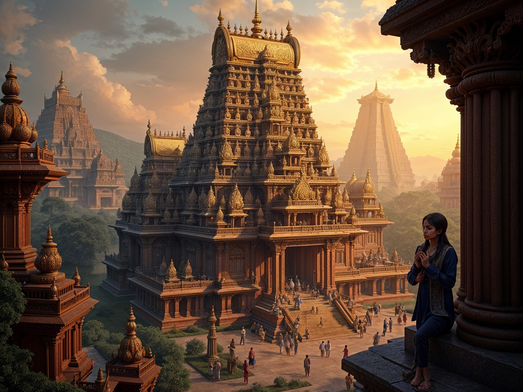 Temples Amidst Sunset with Worshippers and Greenery