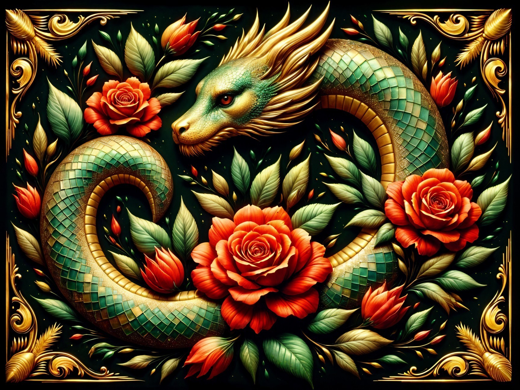 Serpent-like dragon entwined with red roses and leaves