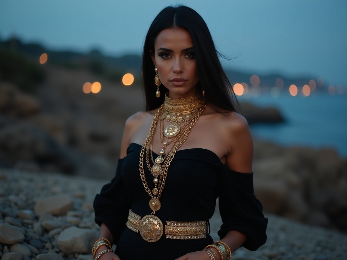 Elegant Woman in Black Dress on Rocky Coastline at Dusk