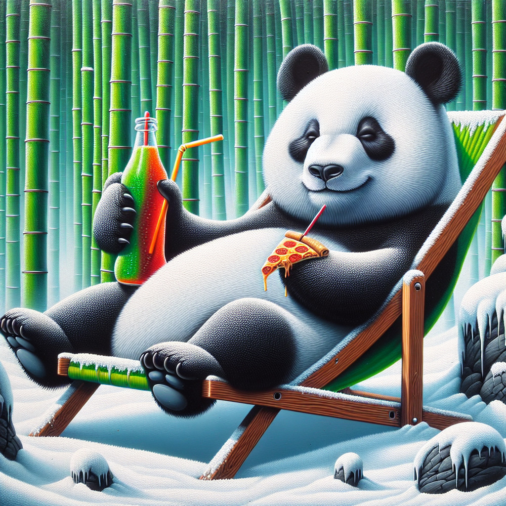 Playful panda relaxing with pizza and soda in bamboo