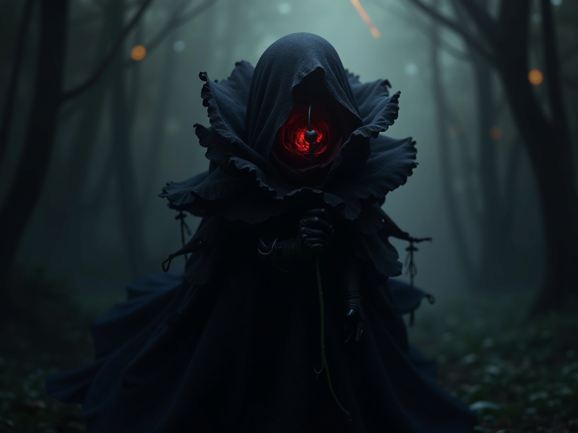Mysterious Figure with Flower Head in Misty Forest