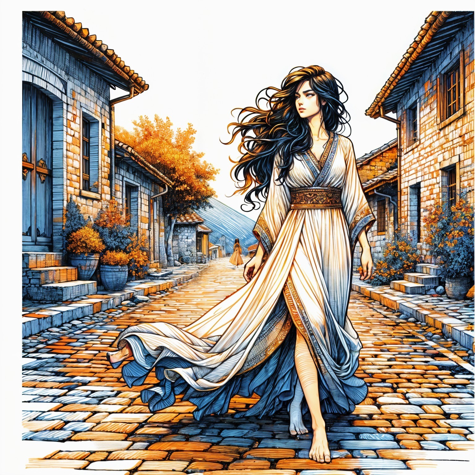 Young woman in flowing robe walks on cobblestone street