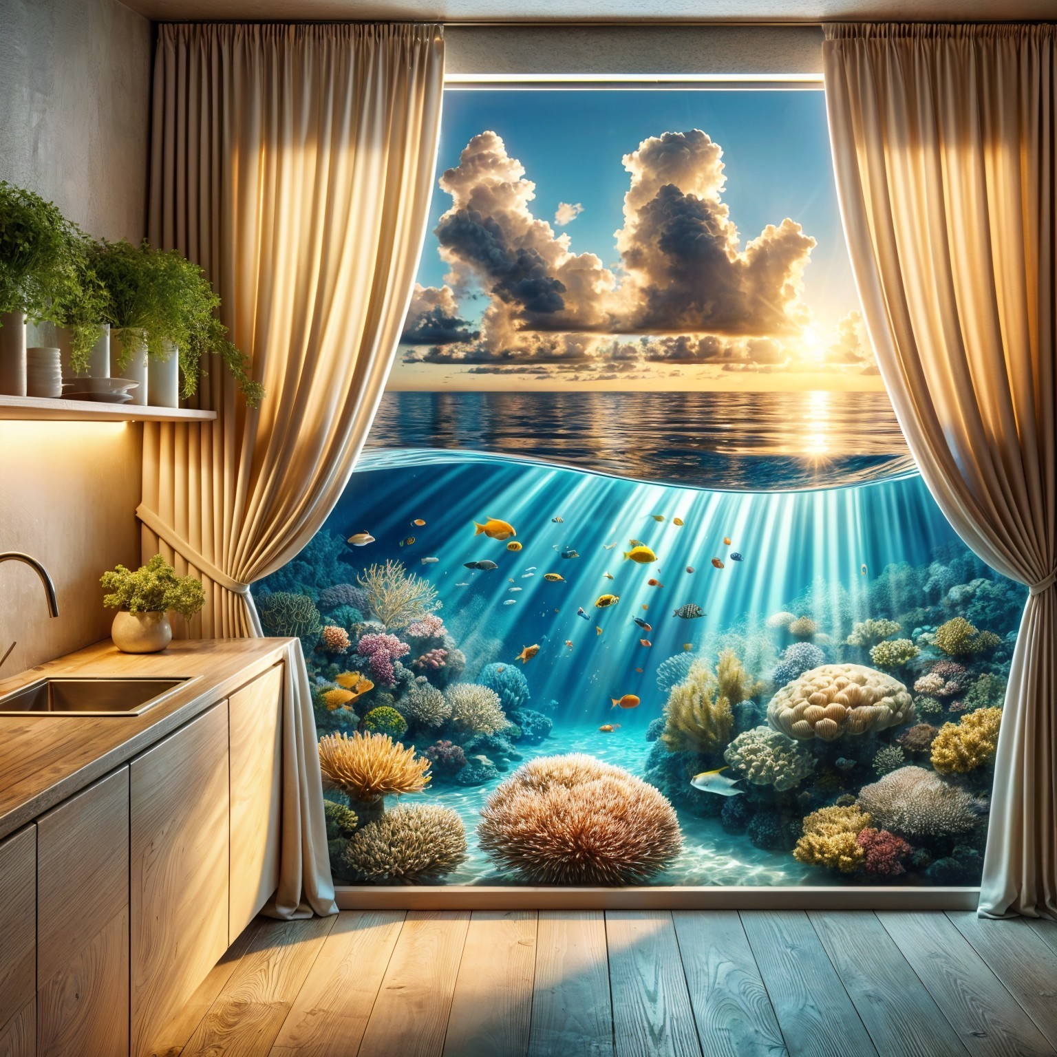 Serene Kitchen with Underwater Coral Reef View