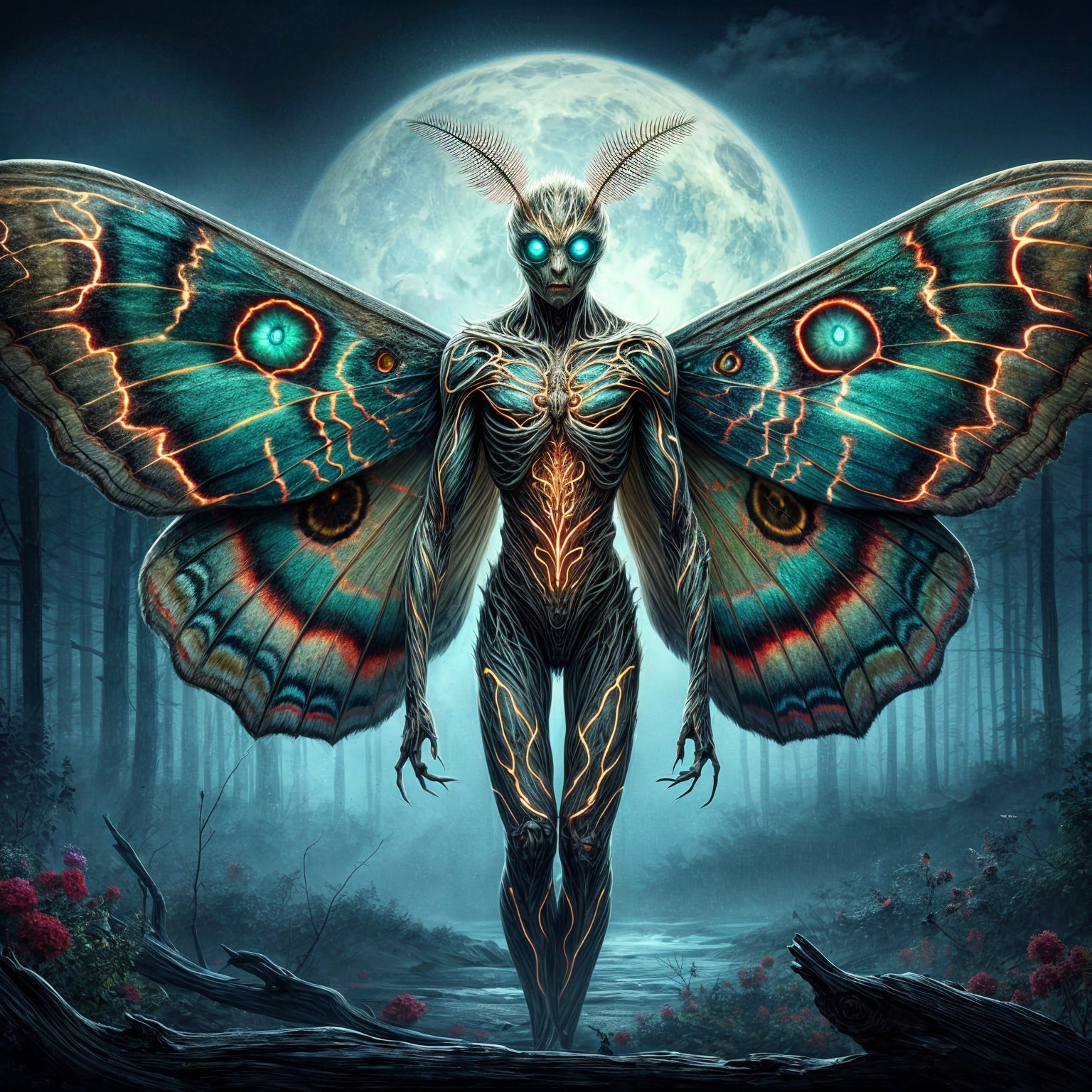 Humanoid Creature with Butterfly Wings in Mystical Forest