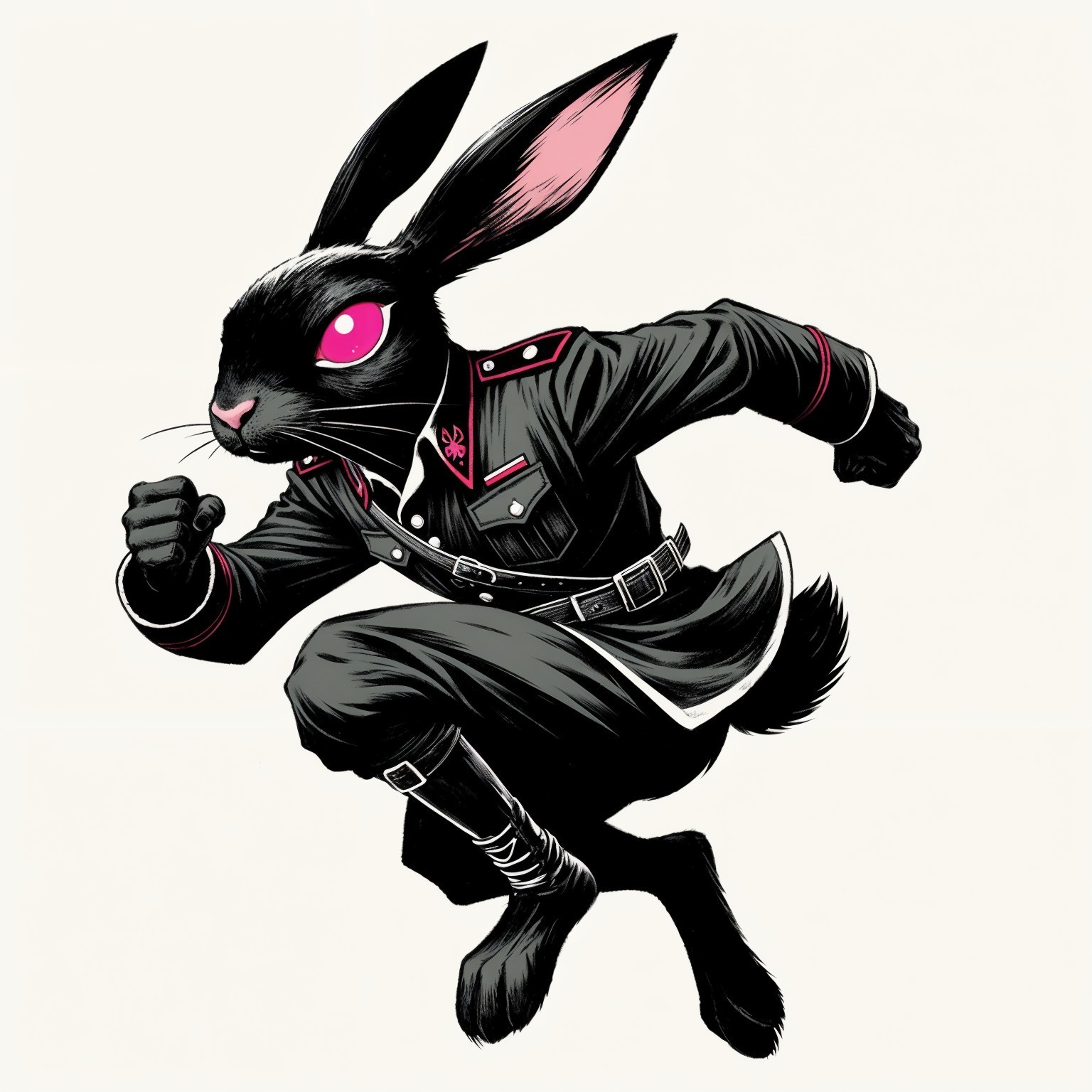 Stylized Black Rabbit in Military Uniform with Pink Details