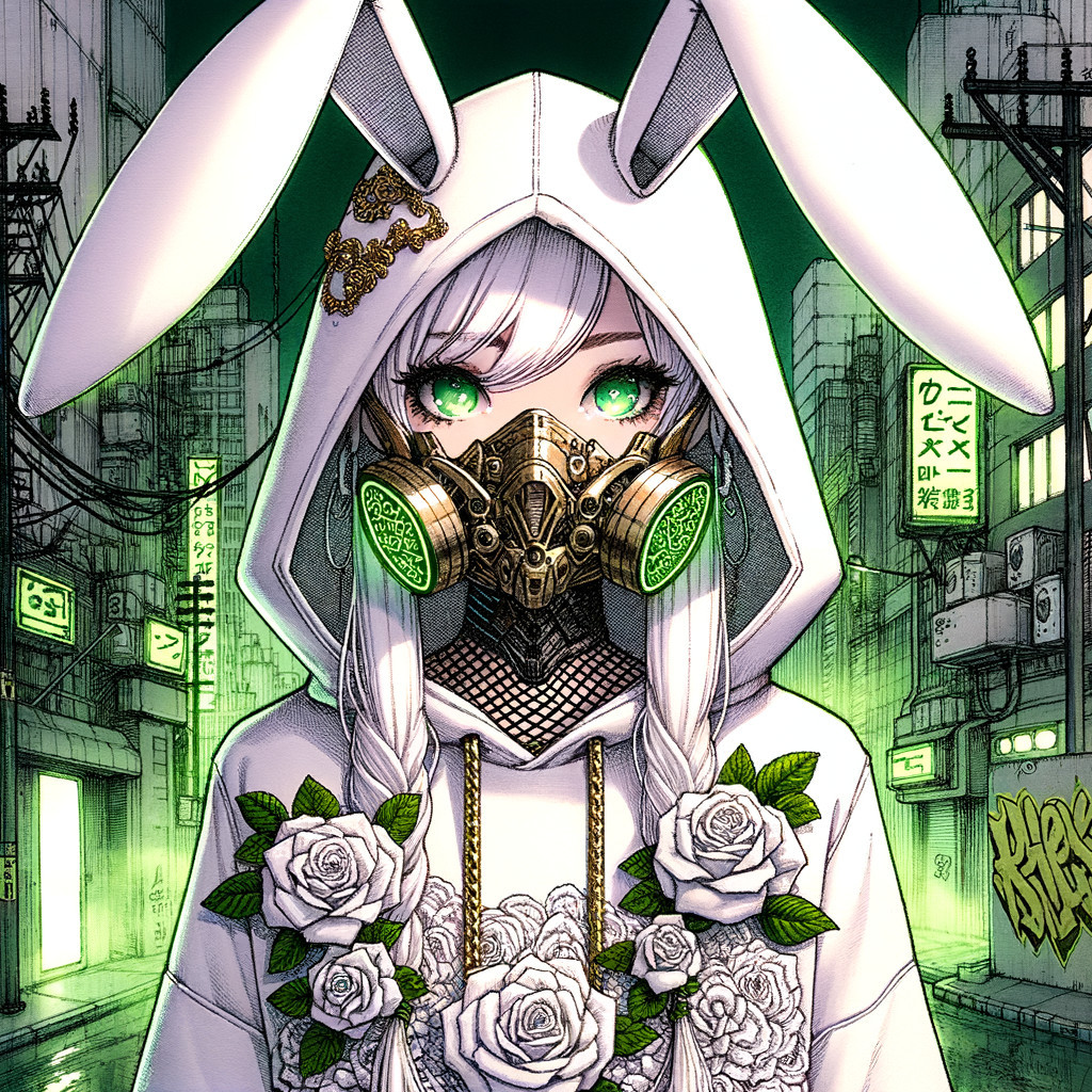 Girl in hooded sweatshirt with gas mask and roses