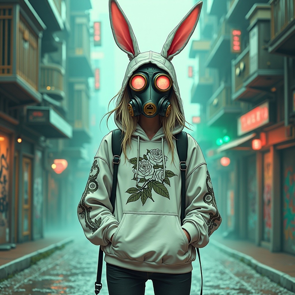 Foggy Urban Street with Figure in Hoodie and Gas Mask
