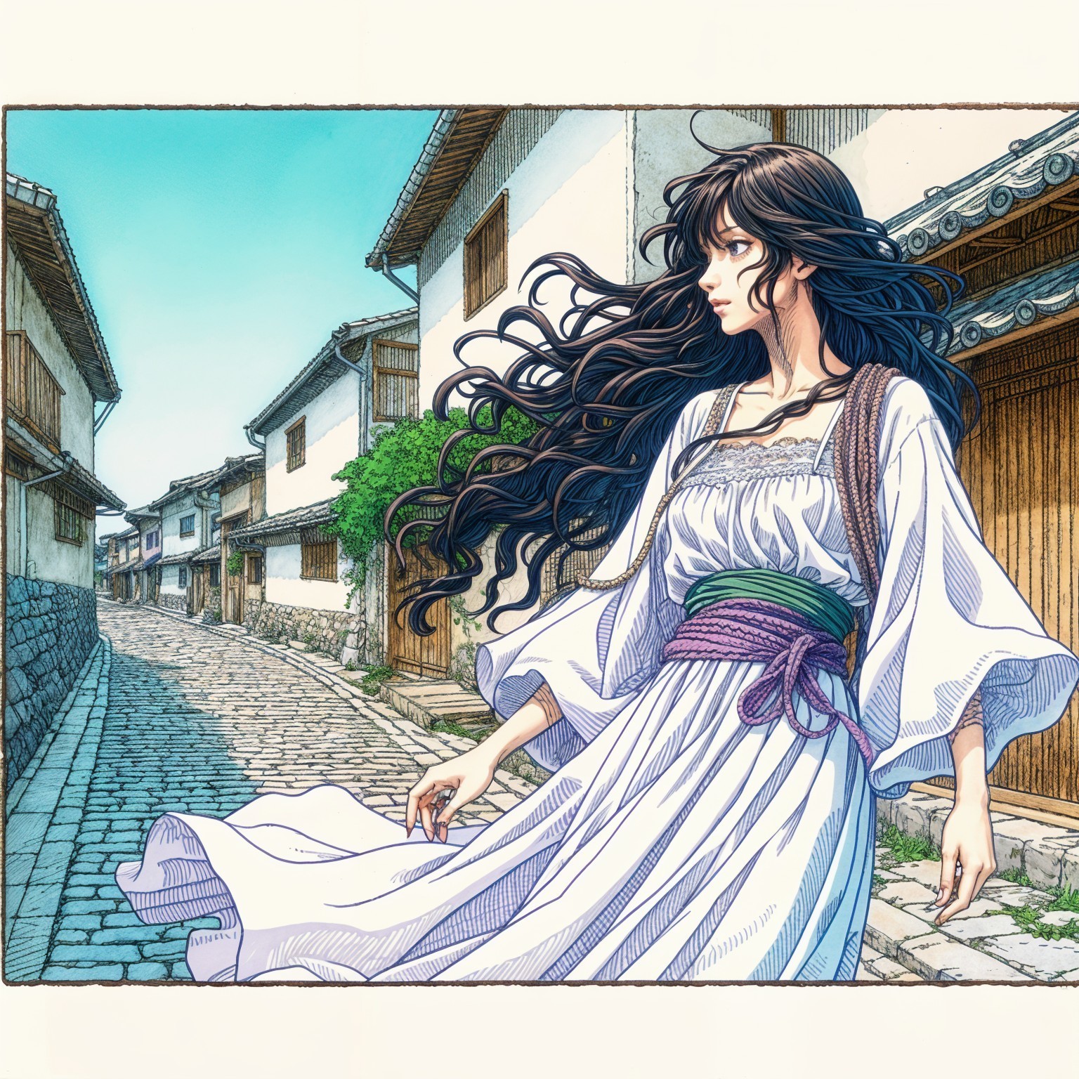 Young Woman in White Dress on Cobblestone Street