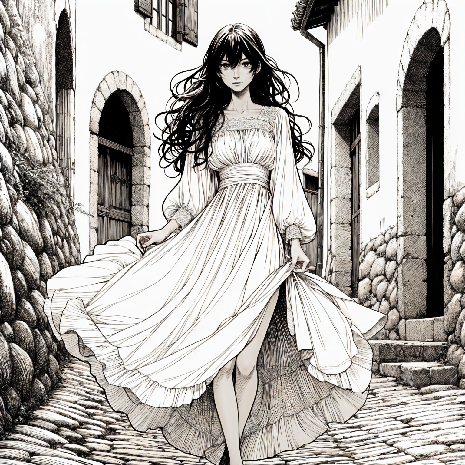 Young woman in white dress on cobblestone street