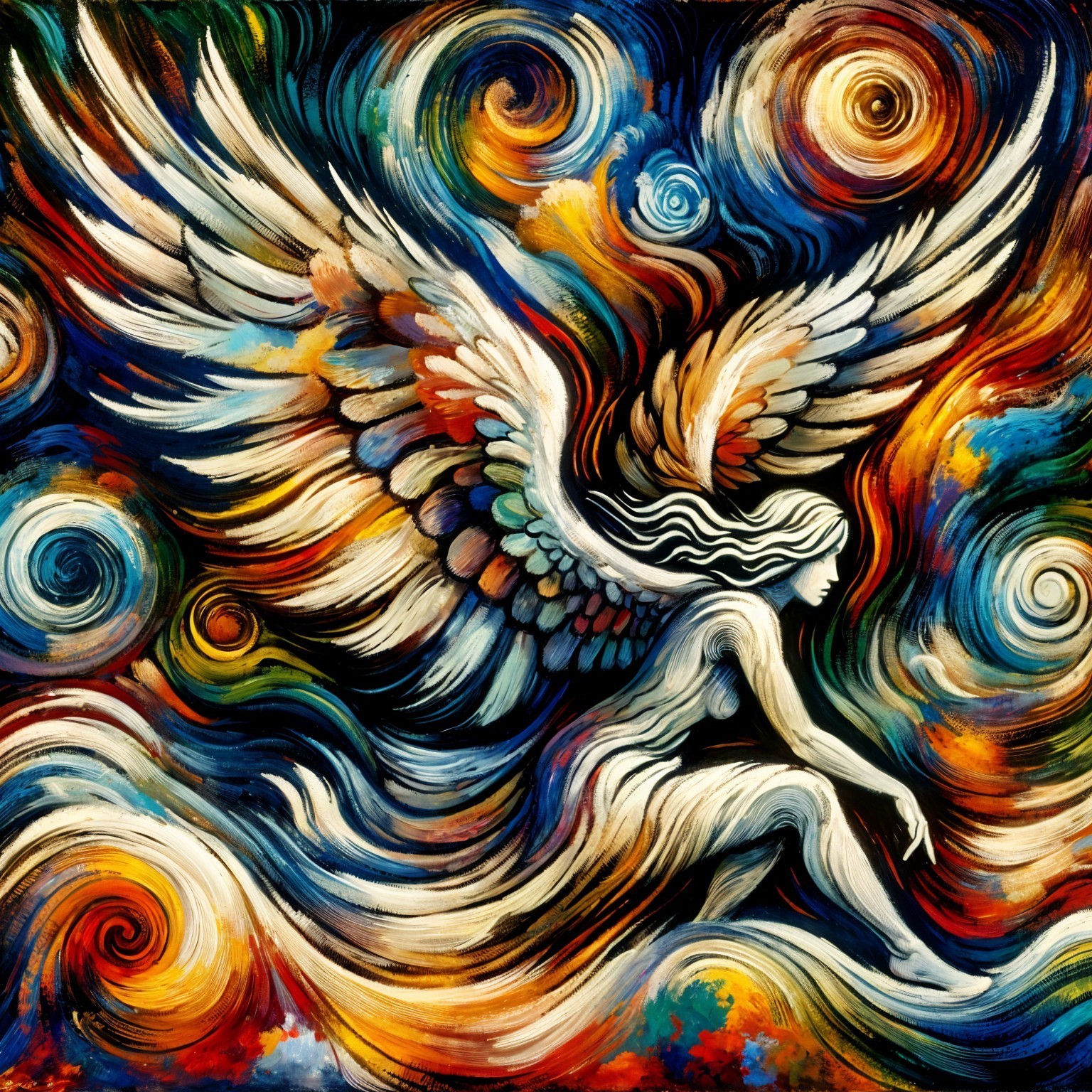 Abstract Winged Figure in Vibrant Colors and Motion