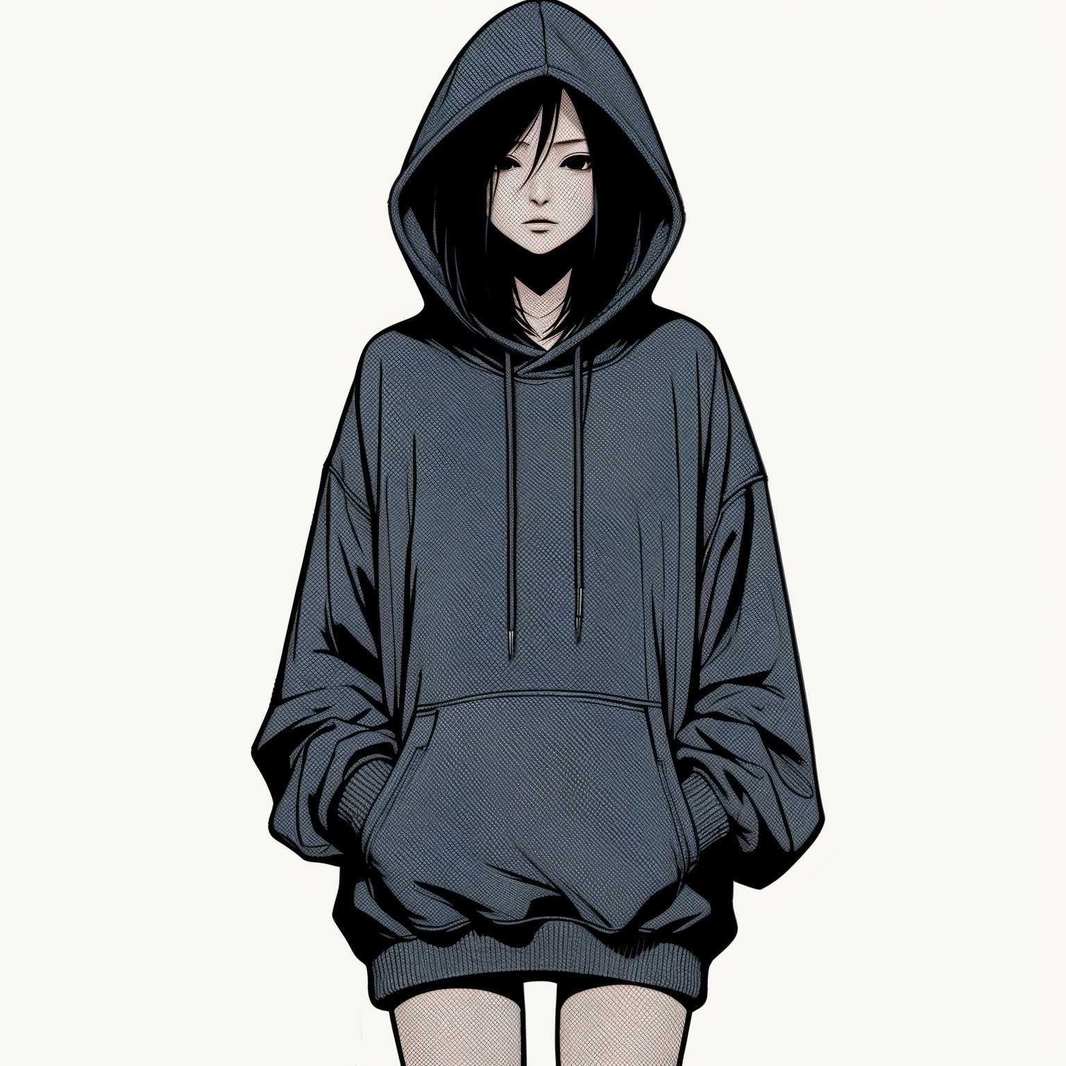 Young woman in oversized gray hoodie with calm demeanor